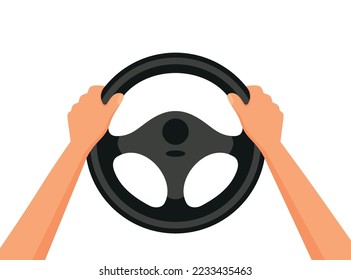 Steering wheel icon. Hands on steering wheel. Driver. Driving car. Test drive. Landing page driving lessons.Vector icon isolated on background. Eps 10