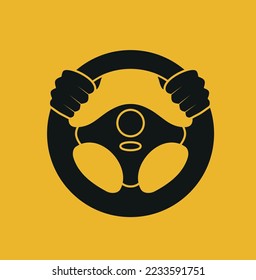 Steering wheel icon. Hands on steering wheel. Driver. Driving car. Test drive. Landing page driving lessons.Vector icon isolated on background. Eps 10