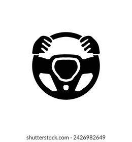 Steering wheel icon. Hands on steering wheel. Driver. Driving car. Test drive. Vector icon isolated on white background.