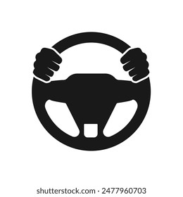 Steering wheel icon. Hands on steering wheel. Driver. Driving car. Test drive. Vector icon isolated on white background.