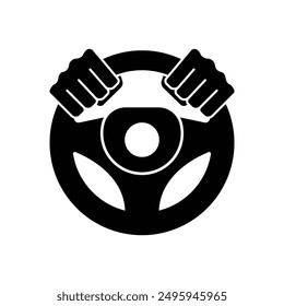 Steering wheel icon. Hands on steering wheel. Driver. Driving car. Test drive. Vector icon isolated on white background.