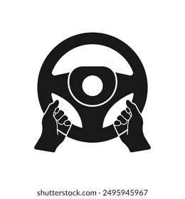 Steering wheel icon. Hands on steering wheel. Driver. Driving car. Test drive. Vector icon isolated on white background.