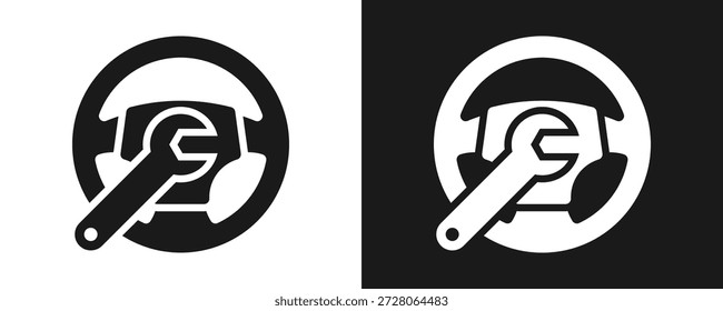 Lenkrad-Symbolsatz Glyphe auf weißem und schwarzem Hintergrund