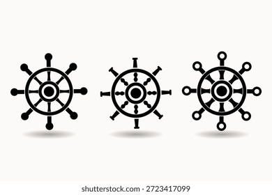 Lenkradsymbolsatz inspiriert von der nautischen und maritimen Schifffahrt. Ideal für Segelthemen, Marine-Design, Reisegrafiken und Steuerungs- oder Richtungskonzepte.