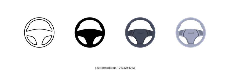 Steering wheel icon set. Linear, silhouette and flat style. Vector icons