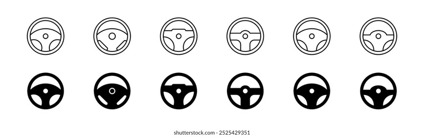 Steering wheel icon set. Outline and fill steering wheel.