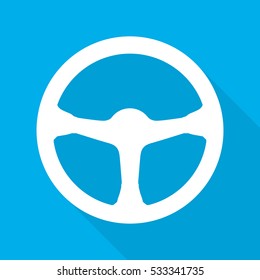 Steering wheel icon. Vector illustration. White car steering wheel with long shadow on blue background.