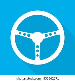 Steering wheel icon. Vector illustration. White car steering wheel with long shadow on blue background.