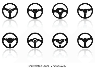 Symbolvektorsatz für Lenkrad. Autolenkungssymbole mit Schatten. Lenkung, Fahrzeug, Auto, Fahren, Fahrer, Automobil-Symbol auf weißem Hintergrund. Vektorgrafik eines Fahrzeuglenkrads.