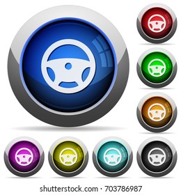 Steering wheel icons in round glossy buttons with steel frames