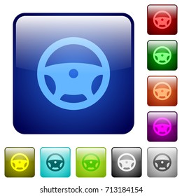 Steering wheel icons in rounded square color glossy button set