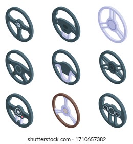 Steering wheel icons set. Isometric set of steering wheel vector icons for web design isolated on white background