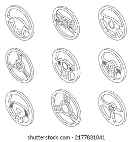 Juego de iconos de la rueda de dirección. Conjunto isométrico de iconos vectores del volante de dirección contorno delgado de línea en blanco aislado