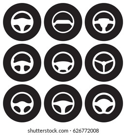 Steering wheel icons set. White on a black background