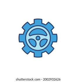 Steering Wheel inside Cogwheel blue icon - Car Autopilot Preferences vector creative concept sign