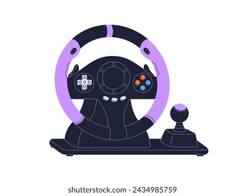 Steering wheel with joystick, car race game. Videogame accessory, gamers simulation gadget, controller for auto rally playing, driving simulator. Flat vector illustration isolated on white background