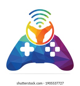 Steering wheel Joystick and wifi logo combination.  Game steering wheel concept logo vector design. 