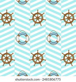 Steering wheel and lifebuoy in the pattern.Vector seamless pattern with a ship's wheel and a lifebuoy on blue stripes.