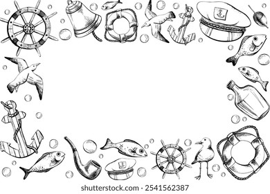 Volante, boya salvavidas, gaviotas de mar, gorra de capitán, peces, burbujas de agua, ancla, botella, pipa de tabaco, campana de barco. Dibujo gráfico lineal, dibujado a mano en blanco y negro monocromo. Marco