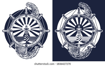 Volante de dirección, faro y tormenta. Diseño de tatuajes y camisetas. Gráficos vectoriales en blanco y negro