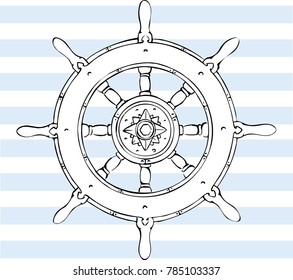 Steering wheel line drawing in vintage cartoon style by black ink pen