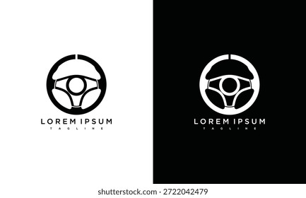 Um design do logotipo do volante apresentado em variações em preto e branco sobre fundos contrastantes