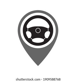 Steering wheel сar with map pointer graphic icon. Rent a car sign isolated on white background. Symbol of car sharing. Vector illustration