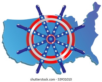 Steering wheel and map of the USA on a white background