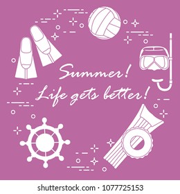 Steering wheel, mask, snorkel, fins, volleyball, inflatable mattress, inflatable circle. Summer sports and leisure.