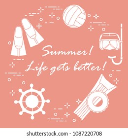 Steering wheel, mask, snorkel, fins, volleyball, inflatable mattress, inflatable circle. Summer sports and leisure.