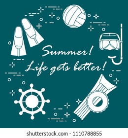 Steering wheel, mask, snorkel, fins, volleyball, inflatable mattress, inflatable circle. Summer sports and leisure.