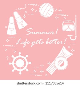 Steering wheel, mask, snorkel, fins, volleyball, inflatable mattress, inflatable circle. Summer sports and leisure.