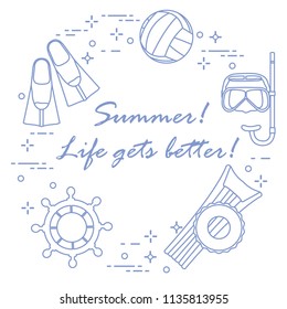 Steering wheel, mask, snorkel, fins, volleyball, inflatable mattress, inflatable circle. Summer sports and leisure.