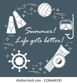 Steering wheel, mask, snorkel, fins, volleyball, inflatable mattress, inflatable circle. Summer sports and leisure.