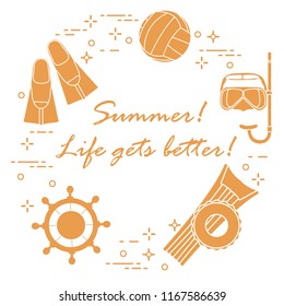 Steering wheel, mask, snorkel, fins, volleyball, inflatable mattress, inflatable circle. Summer sports and leisure.