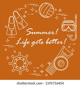 Steering wheel, mask, snorkel, fins, volleyball, inflatable mattress, inflatable circle. Summer sports and leisure.