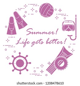 Steering wheel, mask, snorkel, fins, volleyball, inflatable mattress, inflatable circle. Summer sports and leisure.