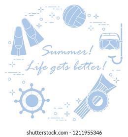 Steering wheel, mask, snorkel, fins, volleyball, inflatable mattress, inflatable circle. Summer sports and leisure.