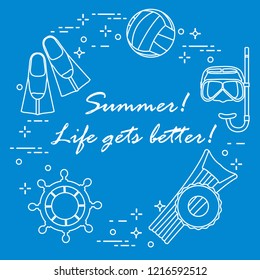 Steering wheel, mask, snorkel, fins, volleyball, inflatable mattress, inflatable circle. Summer sports and leisure.