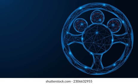 Steering wheel with measuring instrument panel. Low-poly design of interconnected lines and dots. Blue background.