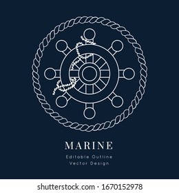 Steering Wheel Nautical vector icon. white on navy blue.Sea and ocean design.Template for logo or branding.Sailor cruise, yacht club, business identity, menu, card design.Editable line.
