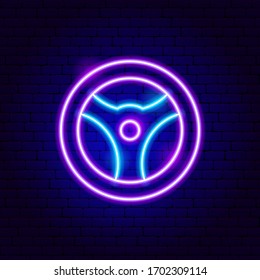 Steering Wheel Neon Sign.  Vector Illustration of Car Promotion.