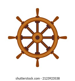 The steering wheel. An old wooden ship's rudder for steering on the sea. Pirate steering wheel. Icon, clipart for website about history, travel, pirates. Vector flat illustration, cartoon style.