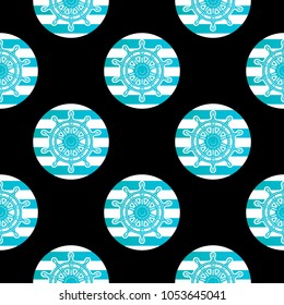Steering wheel on a striped circle and a dark background. Seamless pattern of marine male style. Vector illustration isolated on a black background.