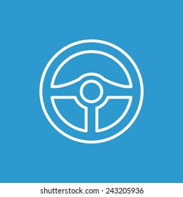 steering wheel outline icon, isolated, white on the blue background. Exclusive Symbols 