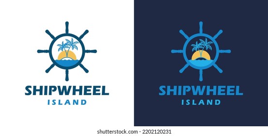 Steering wheel with palm island sign symbol icon vector. Ship or boat wheel with sea or ocean illustration logo design