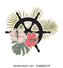 steering wheel and palm leaves, vector art