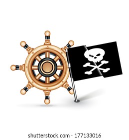 steering wheel and pirate flag isolated on white background