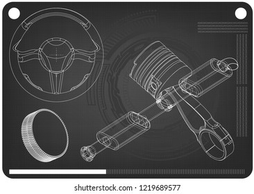 Steering wheel, piston and exhaust pipe on a black background