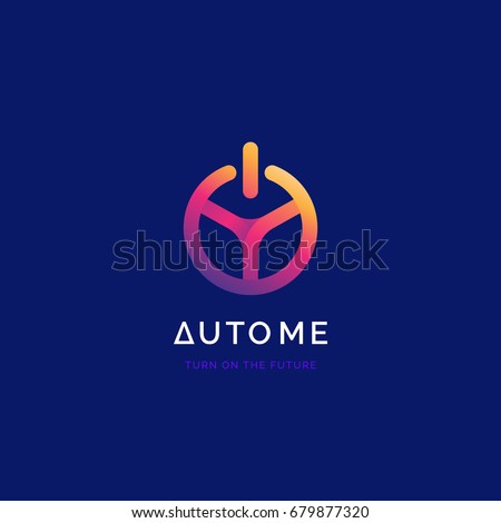 Steering wheel with power button logo. Driverless car symbol. Driving school logo.